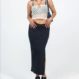 Princess Polly Organic black cotton ABIGAIL MIDI SKIRT with slit, stretchy